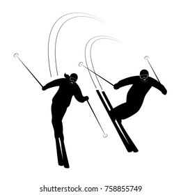 Couple skiers smiling riding on ski on snow winter. Man and woman downhill on snowy slope. Vector ski club silhouette icon isolated on white background.