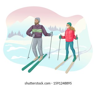 Couple skiing in the mountains. Caucasian white man with beard and woman skiers. Winter leisure sport activity. Young boy and girl have fun. Winter resort landscape. Vector illustration concept