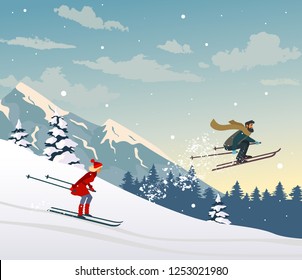 Couple skiing ride in mountain. Amazing Christmas and New Year winter holiday card. Vector illustration