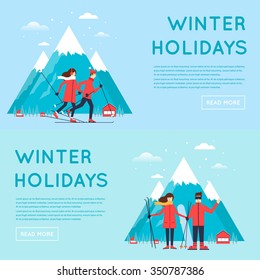 Couple skis on a background of mountains. Couple arrived at the winter resort. Winter landscape, winter fun, winter vacation, winter sports, outdoors. New year. Flat design vector illustration.