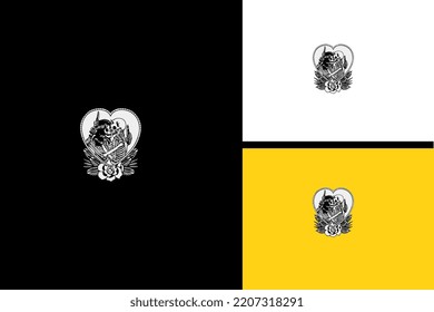 couple skull and flowers vector line art design