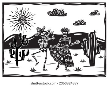 Couple of skulls dancing in a desert landscape, with cactus and scorching sun. Vector woodcut or lino print style