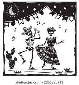 Couple of skulls dancing. Man with sombrero and woman with dress and flowers on head.for Halloween or DIA DE LOS MUERTOS. Vector woodcut or lino print style