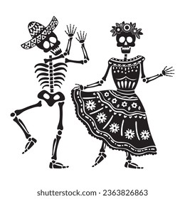 Couple of skulls dancing. Man with sombrero and woman with dress and flowers on head. Vector illustration in black and white