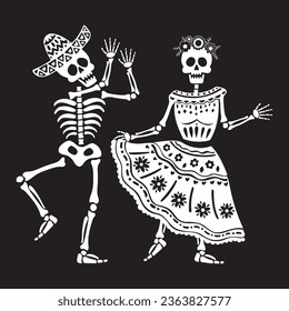 Couple of skulls dancing on the DIA DE LOS MUERTOS. Vector illustration in black and white