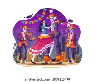 Un par de cráneos bailando juntos con música en celebración del Día de Los Muertos. Día De Muerte Tradicional Fiesta De Halloween Mexicana. Ilustración vectorial plana