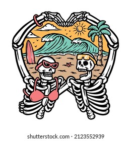 Couple Of Skulls Love The Beach Illustration