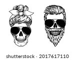 Couple of skulls. Male and female skulls in aviator glasses. Messy bun vector illustration. Print for posters, card, tshirt for Halloween or The day of the Dead. mom life, dad life Silhouette design.