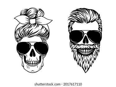 Couple of skulls. Male and female skulls in aviator glasses. Messy bun vector illustration. Print for posters, card, tshirt for Halloween or The day of the Dead. mom life, dad life Silhouette design.