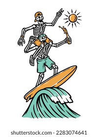 couple of skulls are surfing on the beach