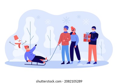 Couple sledding child with grandfather who holding gift box. Family spending time outdoor together flat vector illustration. Wintertime, Christmas concept for banner, website design, landing web page