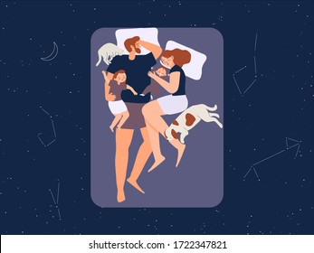 couple sleep with children and pet illustration. Sleping in bed wearing pajama. Night sky with crescent stars and moon. Sleep positions flat vector illustration. Good sleep Health. Family Stay home.
