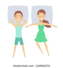 Couple sleep in different position. Female character in the bed on pillow. Resting in bedroom. Isolated flat vector illustration