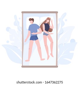 Couple sleep in different position together. Female and male character in the bed on pillow. Resting in bedroom. Isolated flat illustration