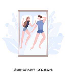 Pareja duerme en una posición diferente juntos. Carácter masculino y femenino en la cama con almohada. Descansa en el dormitorio. Ilustración plana aislada