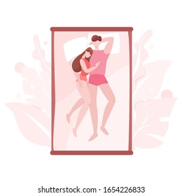 Couple sleep in different position together. Female and male character in the bed on pillow. Resting in bedroom. Isolated flat illustration
