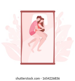 Couple sleep in different position together. Female and male character in the bed on pillow. Resting in bedroom. Isolated flat illustration