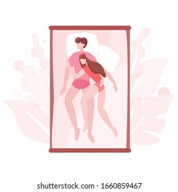 Pareja duerme en una posición diferente juntos. Carácter masculino y femenino en la cama con almohada. Descansa en el dormitorio. Ilustración plana aislada