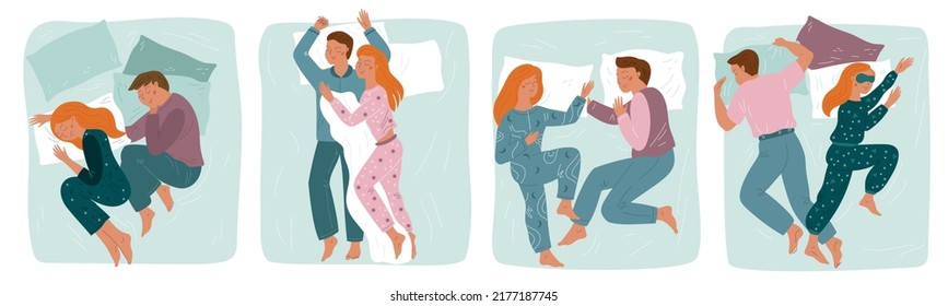 Couple sleep poses. Guy and girl in soft beds. Different positions for slumbering. People in pajamas lying om mattresses. Young lovers night rest top view. Sweet dreams