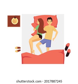 Couple sleep together in bed at night in different position. Top view on man and woman rest in bedroom in comfortable pose. Flat cartoon vector illustration isolated on a white.