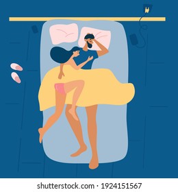 Couple sleep together. Top view. Sleeping Pose. Healthy sleeping on bed, comfort mattress and pillow. Vector illustration.