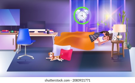 pareja durmiendo en la cama con despertador dormitorio moderno interior horizontal de largo