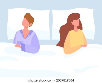 Couple Sleeping At Bed. Family, Husband And Wife Lie. Rest, Recuperation, Correct Daily Routine, Furniture. Intimate Or Sexual Problems. Cartoon Flat Vector Illustration Isolated On White Background