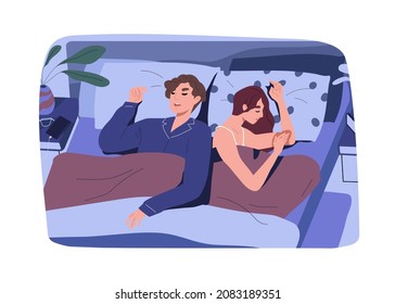 Couple sleeping in bed at night. Good sleep of man and woman. Young people lying and dreaming together with pillows and blanket in bedroom at home. Flat vector illustration of two partners asleep