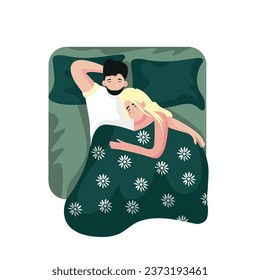 Couple sleeping in bed on white background, top view