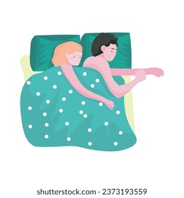 Couple sleeping in bed on white background, top view