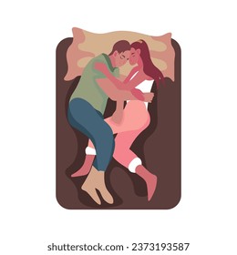 Couple sleeping in bed on white background, top view