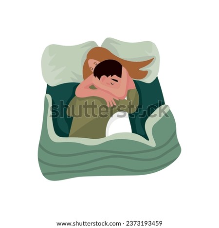 Couple sleeping in bed on white background, top view