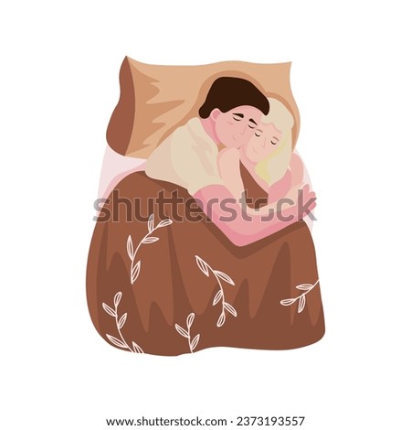 Couple sleeping in bed on white background, top view