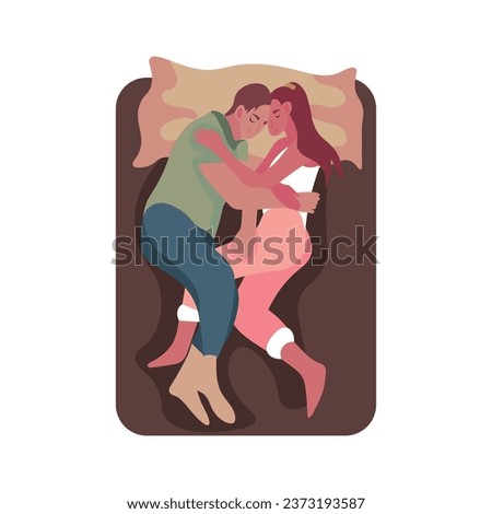 Couple sleeping in bed on white background, top view