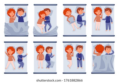 Couple sleeping in bed set. Isolated vector man and woman person couples lying, relaxing and sleeping together in bed in different poses. Sleep rest position collection