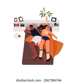 Couple sleeping in bed together. Asleep man and woman lying in bedroom and dreaming. Top view of sleepy people relaxing at modern home interior. Flat vector illustration isolated on white background