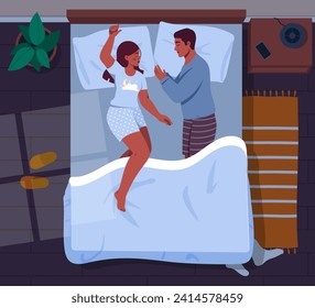 Couple sleeping at bed. Top view of man and woman in bedroom at night. Love and romance in pair. Family rest together. Sleep, dream and recuperation. Cartoon flat vector illustration