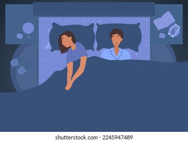 Couple sleeping cartoon flat vector illustration. Bed, man, woman, bedroom, family lifestyle, wife husband, home together couple sleeping character.