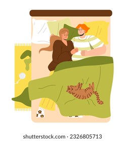 Pareja durmiendo con el concepto de gato. Vista superior del chico y chica joven bajo manta. Descanse, soñar y recuperarse. Amor y buenas relaciones en familia. Confort y comodidad. Dibujo vectorial plano de dibujos animados
