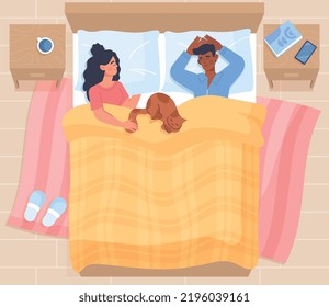 Couple Sleeping with cat. Man and woman in pajamas lie on bed. Comfort and coziness in apartment, sleep, dreams and recuperation. Rest and relaxation concept. Cartoon flat vector illustration