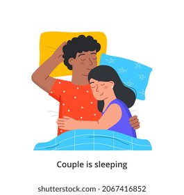 Concepto de dormir en pareja. Hombre y mujer tendidos en la cama con almohada, manta y abrazo. La familia joven tiene sueños. Descanso y recuperación de energía por la noche. Ilustración vectorial plana contemporánea de dibujos animados