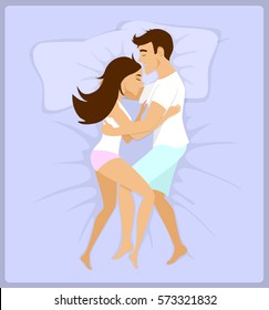 Couple sleeping hugging in bed top view vector illustration