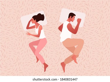 Couple Sleeping. Intimate Or Sexual Problems Of A Young Man And Woman. Pale Pastel Colors Vector Illustration In Flat Style.