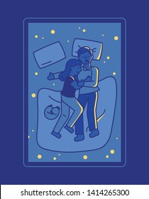 A couple is sleeping on the bed holding each other. flat design style minimal vector illustration