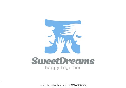 Couple Sleeping on Pillow Logo design vector template.
Sweet dreams man & woman Logotype concept icon negative space.