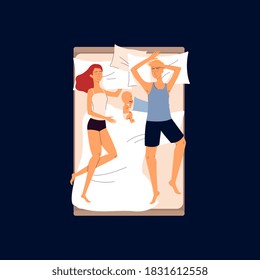 Couple sleeping in one bed with a baby - cartoon family in different sleep positions isolated on dark background. Man and woman with infant child - flat vector illustration.