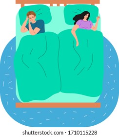 Couple sleeping in one bed under green blanket at home vector illustration