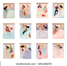 Couple Sleeping Poses Set With Relations Symbols Flat Isolated Vector Illustration