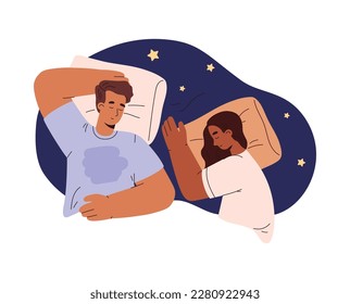Couple sleeping together in bed, flat vector illustration isolated on white background. Man and woman resting. Night sky with stars. Concepts of healthy sleep and bedtime.