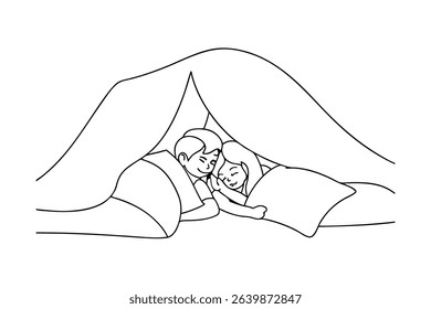Couple sleeping under blanket line drawing illustration